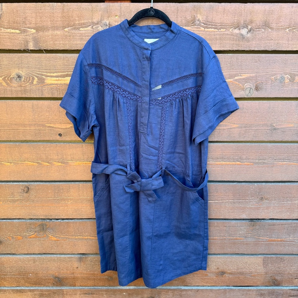 NWT $288 Outerknown Linen Blend 1/4 Button Front Tie Waist Shift Dress Sz M Blue